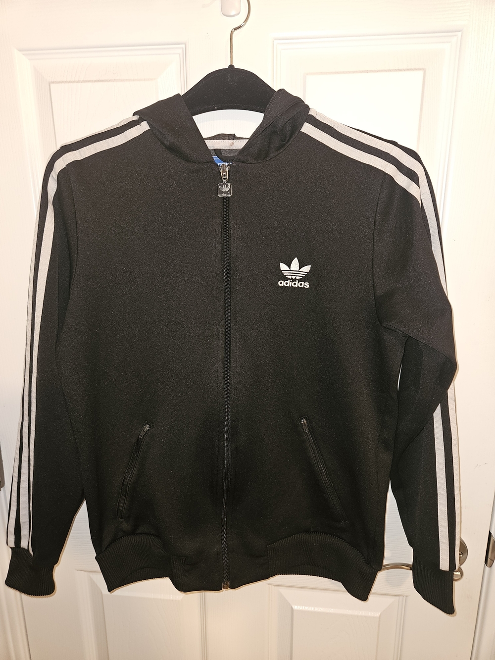 adidas Kids Black Hooded Track Jacket with White Stripe Accents